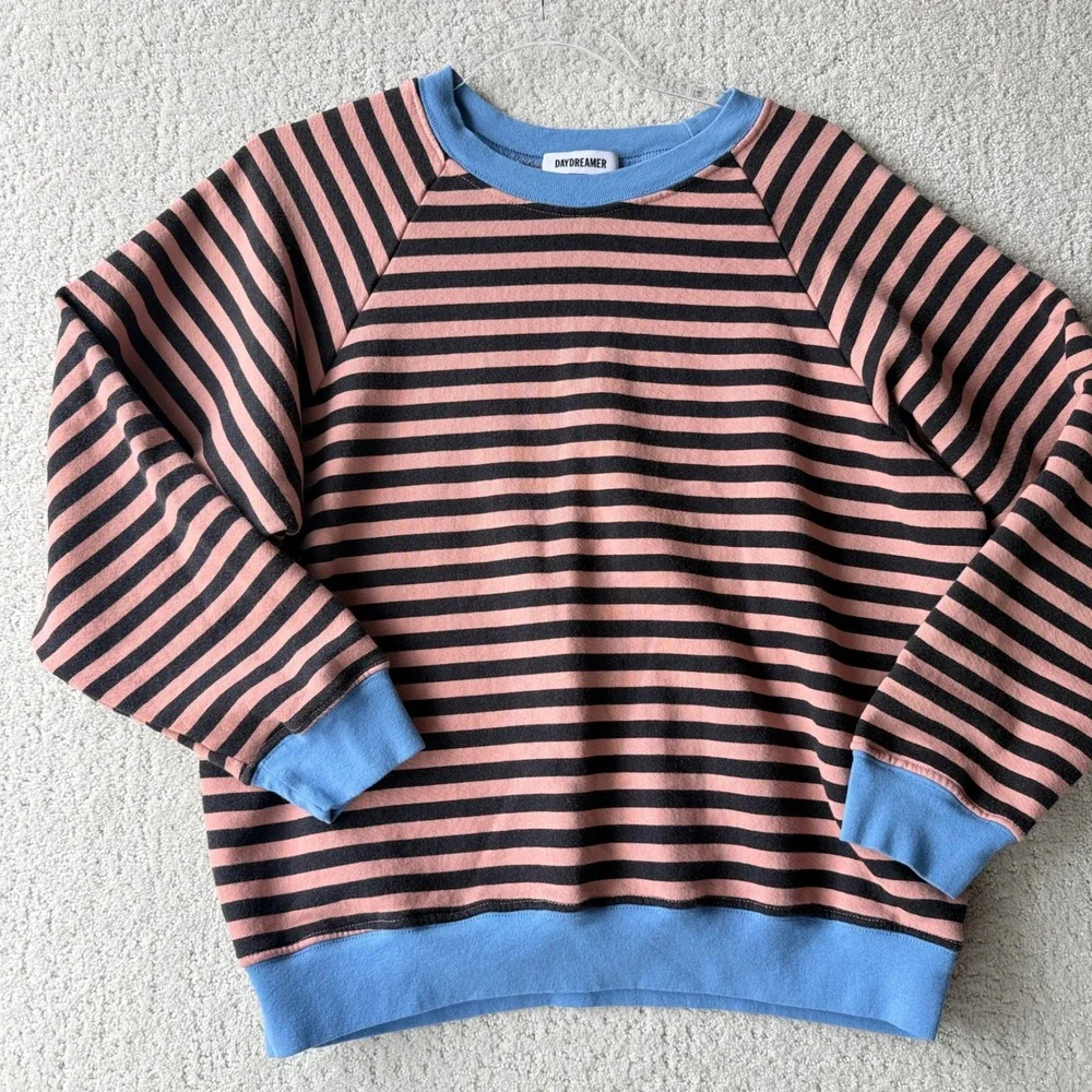 Evereve Daydreamer Stripe Vintage Sweatshirt Womens M Pink Blue Raglan Cotton - Picture 5 of 12